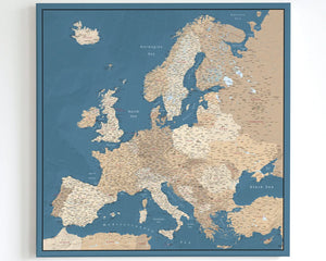 Large Europe Push Pin Map Canvas - Blue & Beige
