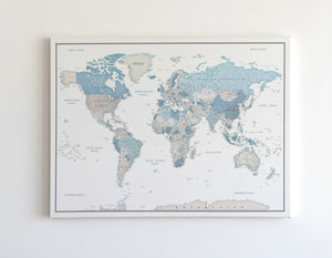 Push Pin World Map Canvas – White, Blue & Gray