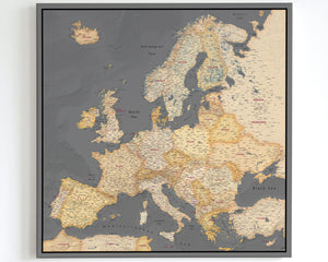Large Europe Push Pin Map Canvas - Grey, Brown & Orange