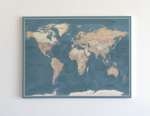 Push Pin World Map Canvas – Blue & Biege