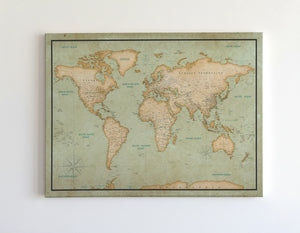 Push Pin World Map Canvas – Sage Green & Beige