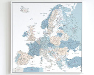 Large Europe Push Pin Map Canvas - Blue, Beige & White