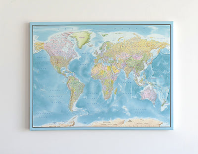 Push Pin World Map Canvas – Blue Ocean & Multicolor