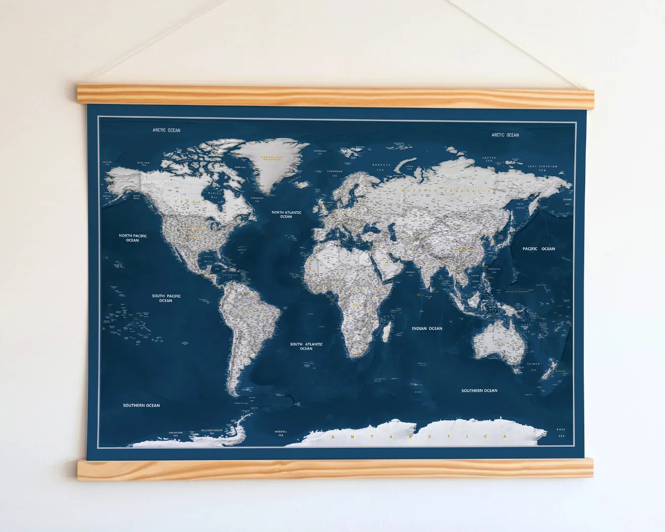 World Map Canvas with Wooden Hangers – Navy Blue & White