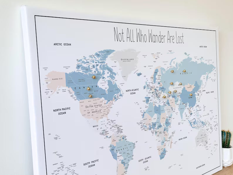 Push Pin World Map Canvas – Minimalist White, Blue & Beige