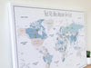Push Pin World Map Canvas – Minimalist White, Blue & Beige