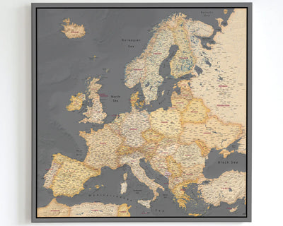 Push Pin Europe Map – Grey, Brown & Orange