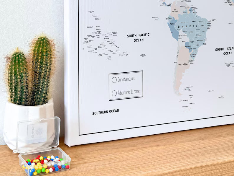 Push Pin World Map Canvas – Minimalist White, Blue & Beige