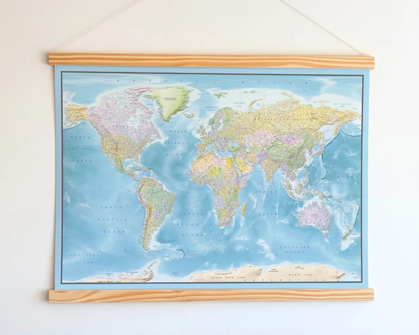 World Map Canvas with Wooden Hangers – Blue & Multicolor