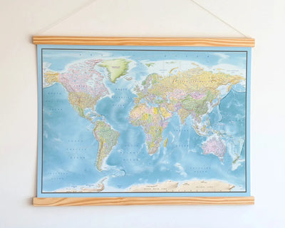World Map Canvas with Wooden Hangers – Blue & Multicolor