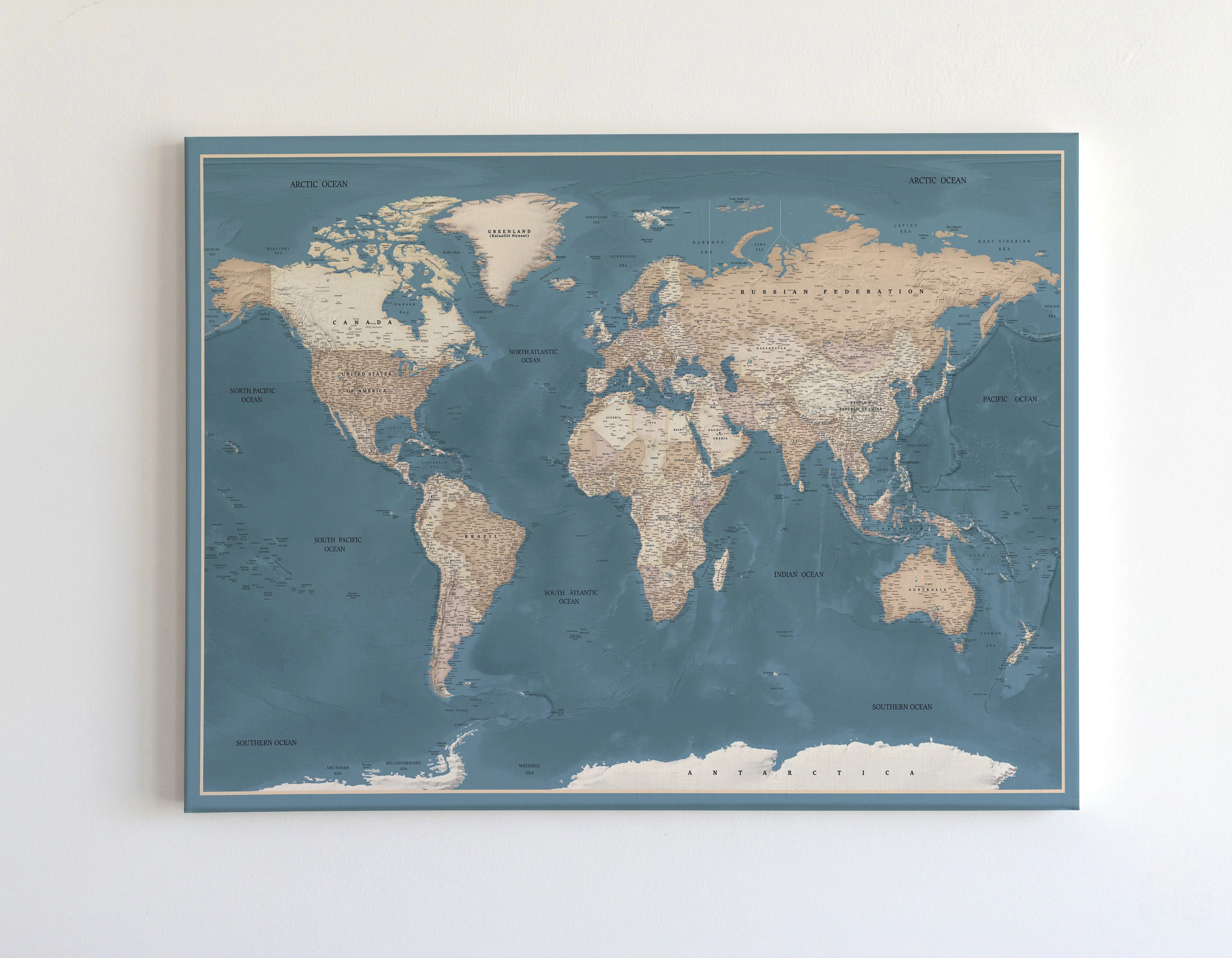 Push Pin World Map Canvas – Blue & Beige