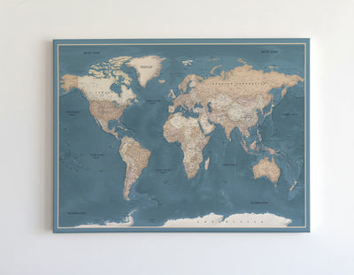 Push Pin World Map Canvas – Blue & Beige