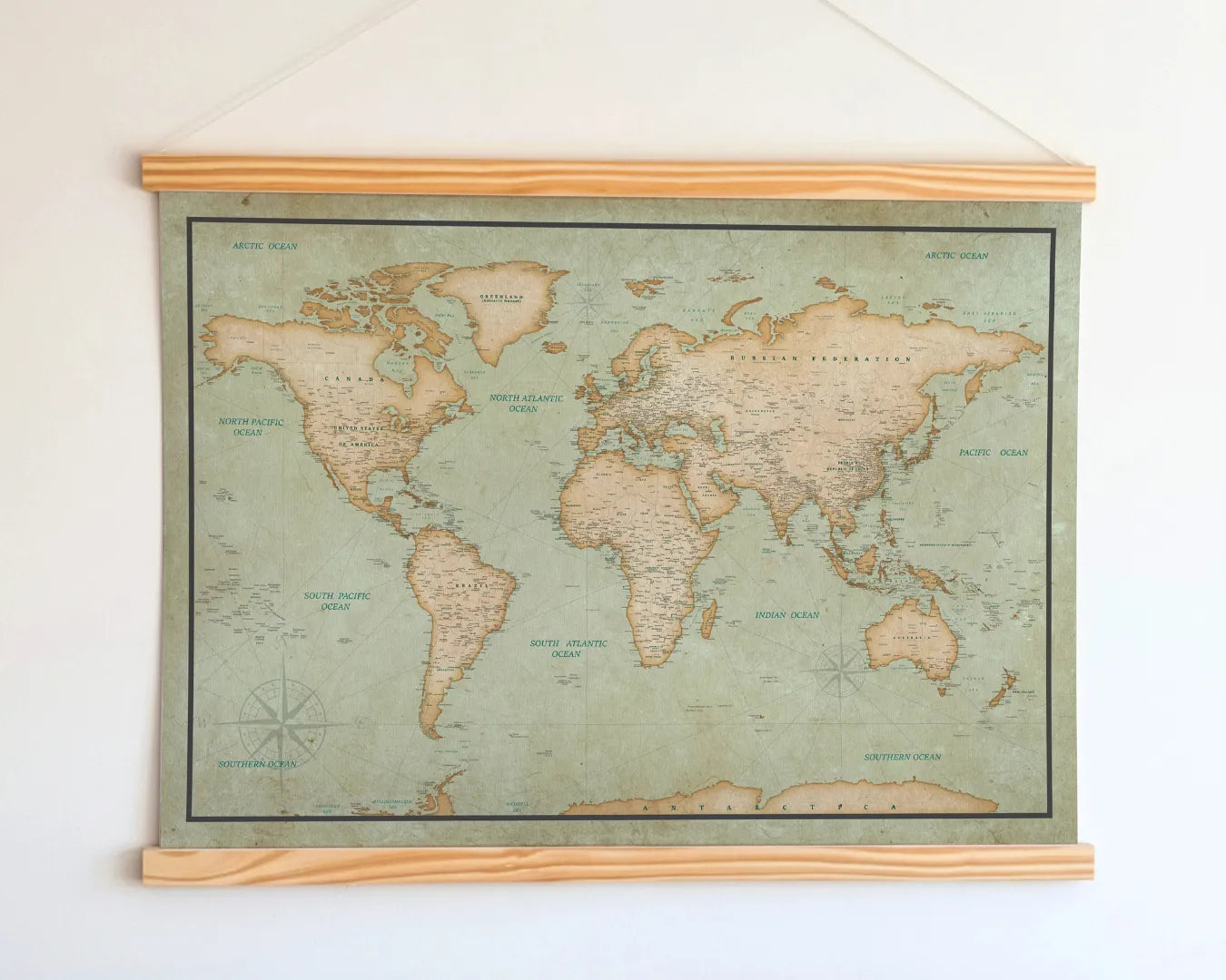World Map Canvas with Wooden Hangers – Green & Beige