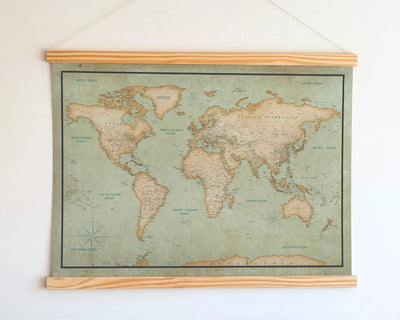 World Map Canvas with Wooden Hangers – Green & Beige