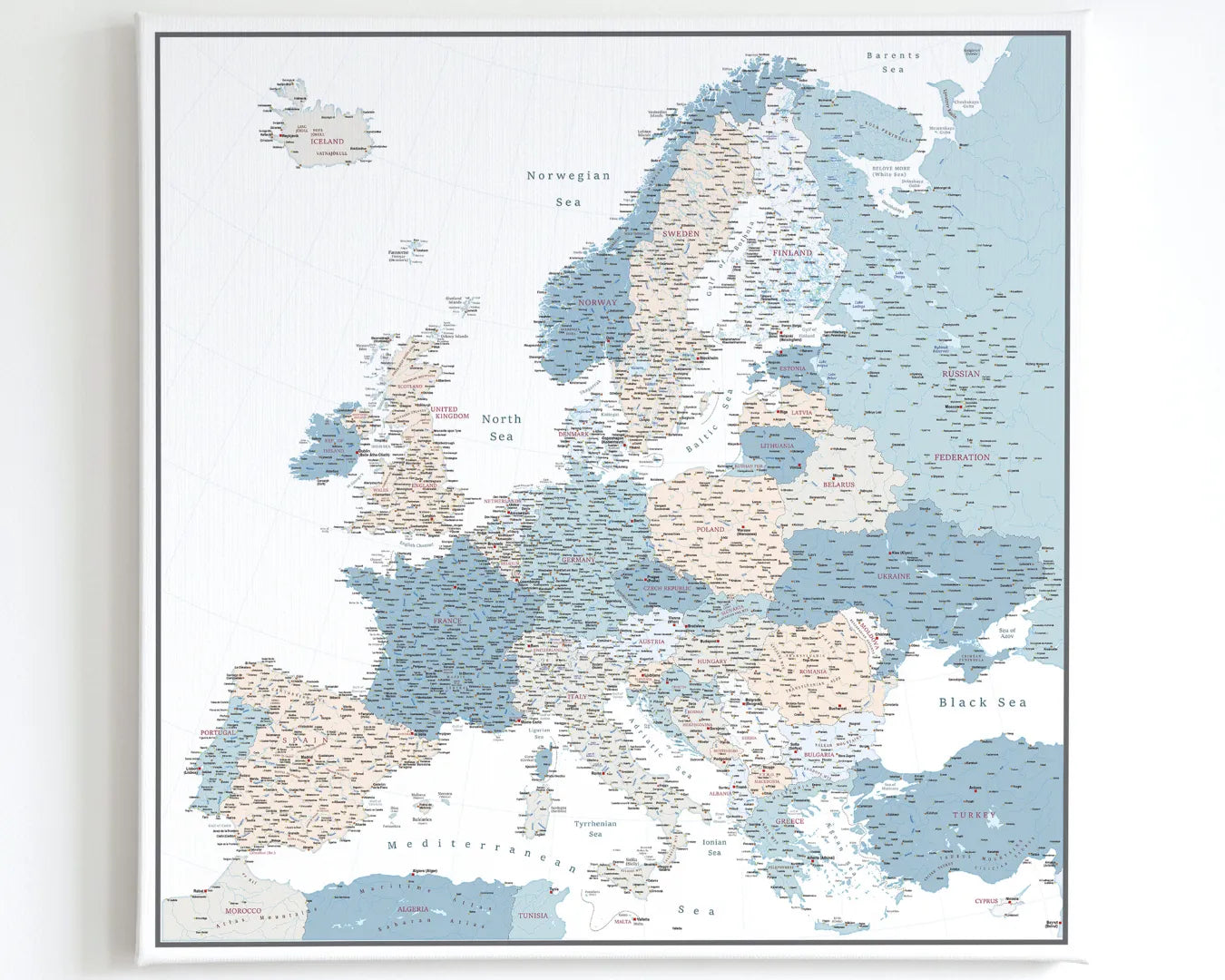 Push Pin Europe Map – Blue, Beige & White