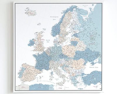 Push Pin Europe Map – Blue, Beige & White
