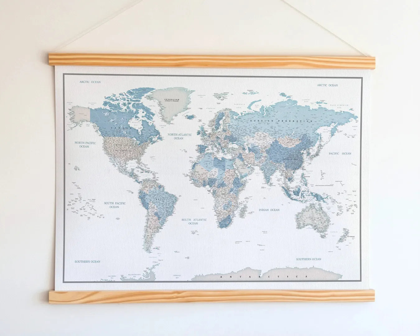 World Map Canvas with Wooden Hangers – White, Blue & Gray