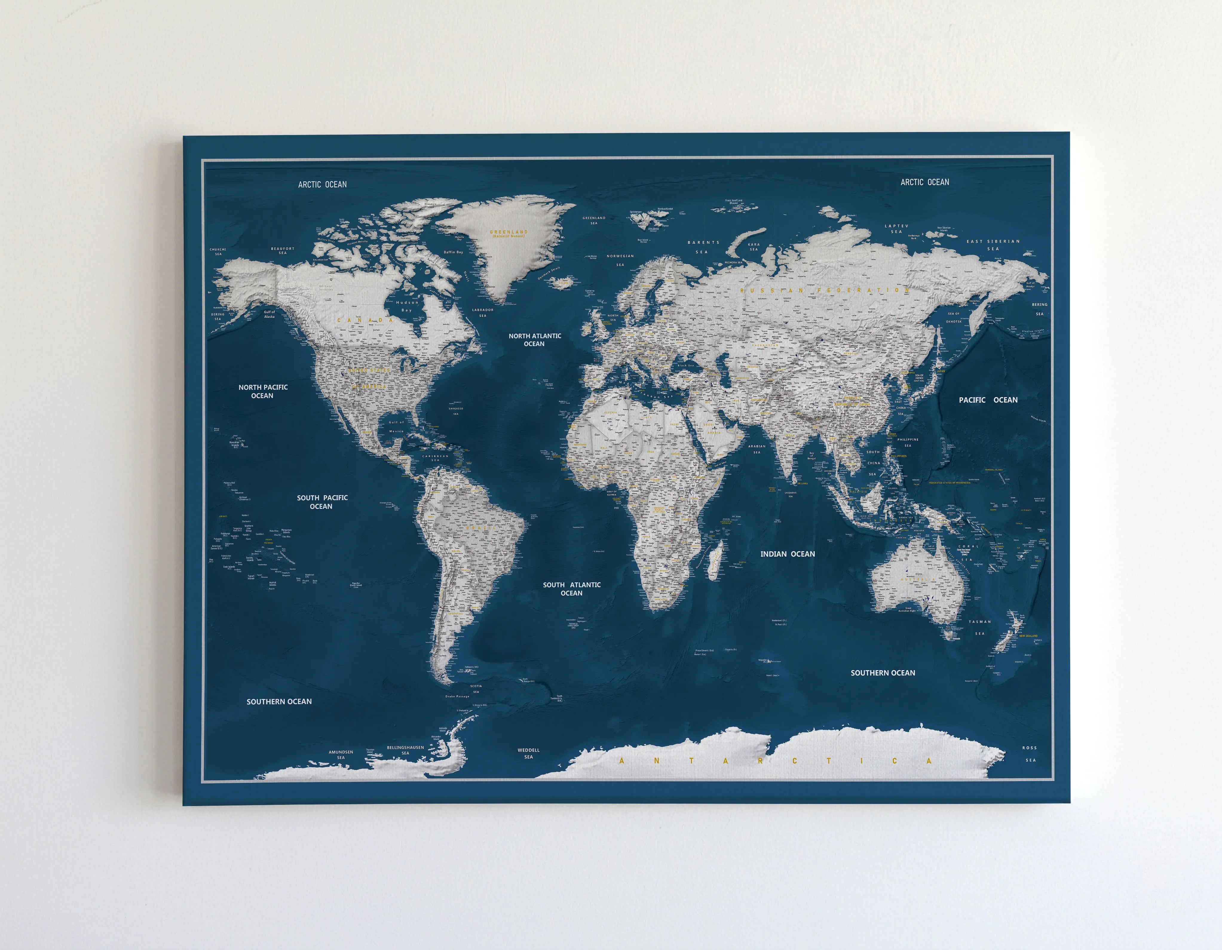 Push Pin World Map Canvas – Blue Navy & Grey