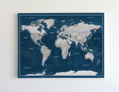 Push Pin World Map Canvas – Blue Navy & Grey