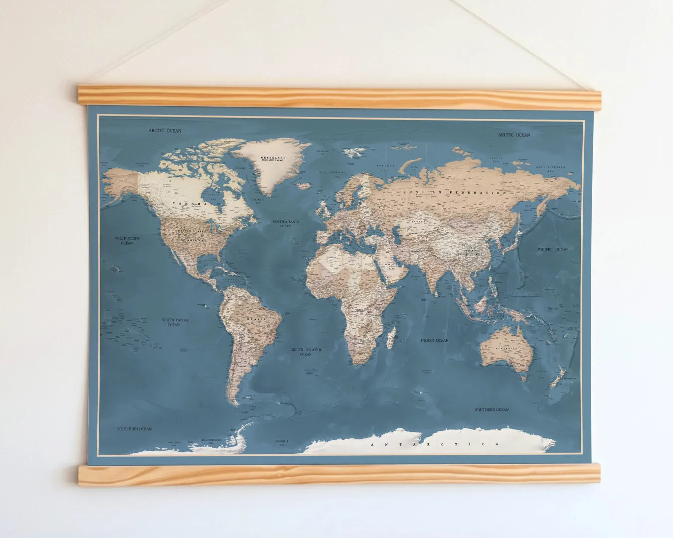 World Map Canvas with Wooden Hangers – Blue & Beige