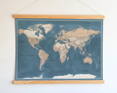 World Map Canvas with Wooden Hangers – Blue & Beige