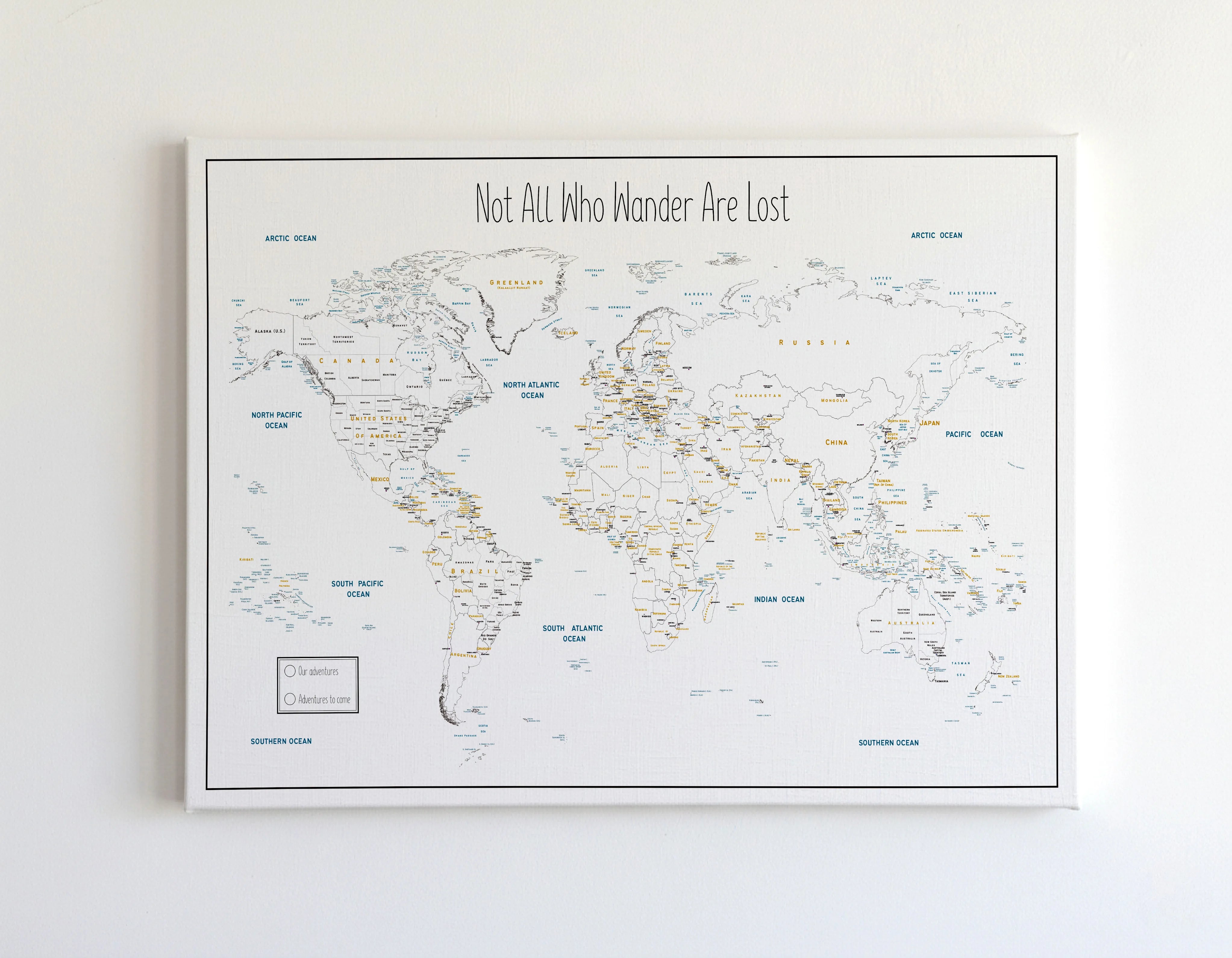 Push Pin World Map Canvas – Minimalist Black & White
