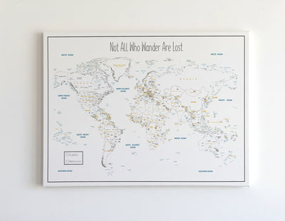 Push Pin World Map Canvas – Minimalist Black & White