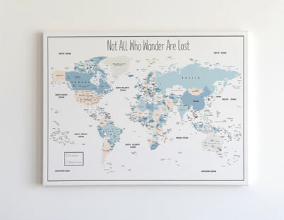 Push Pin World Map Canvas – Minimalist White, Blue & Beige
