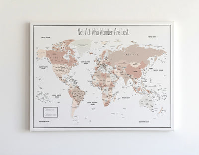 Push Pin World Map Canvas – Blue, Beige & White