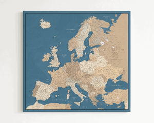 Push Pin Europe Map – Blue, Beige & White