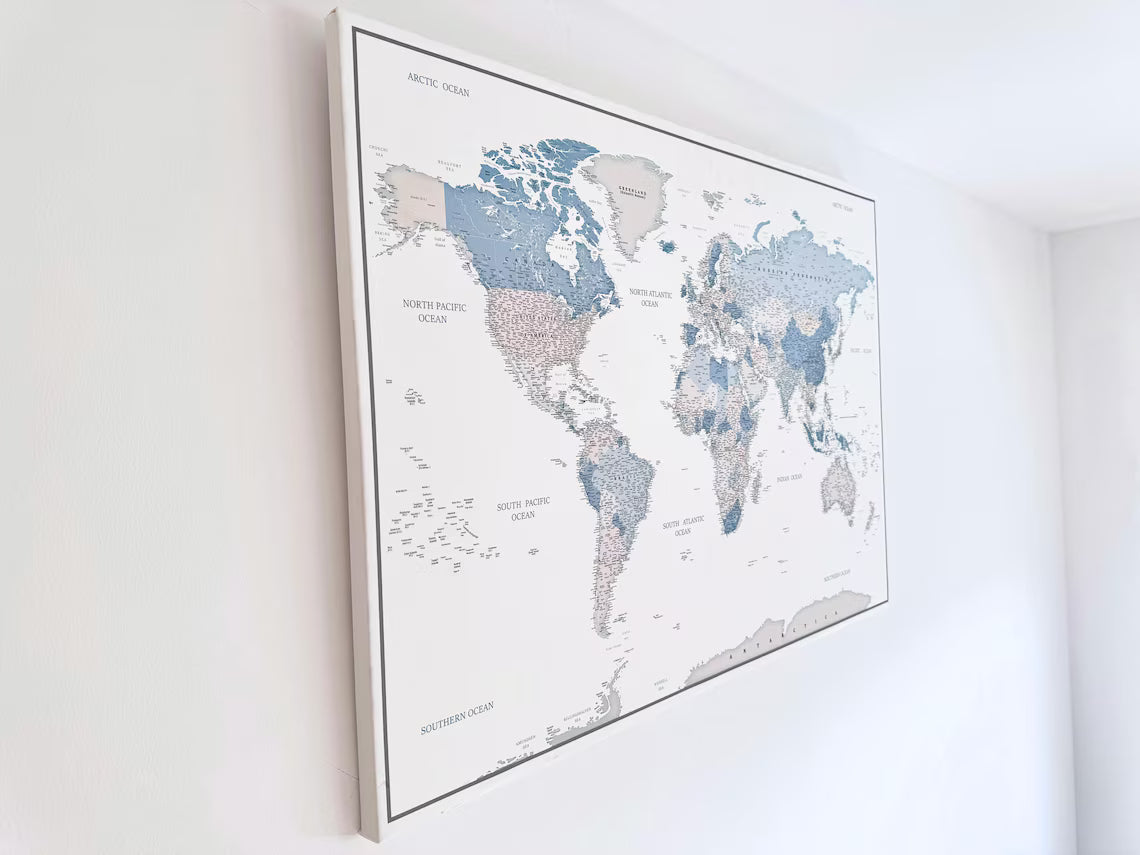 Push Pin World Map Canvas – White, Blue & Gray