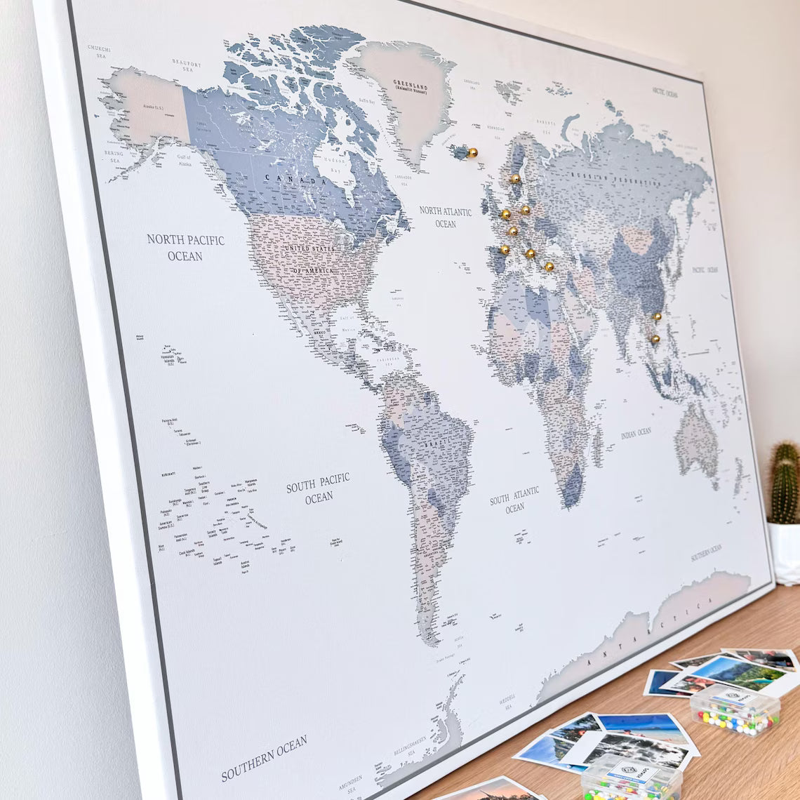 Push Pin World Map Canvas – White, Blue & Gray