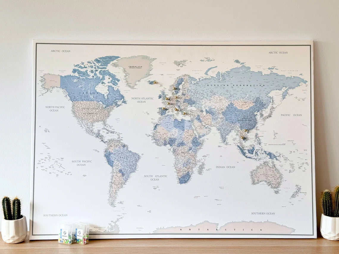 Push Pin World Map Canvas – White, Blue & Gray