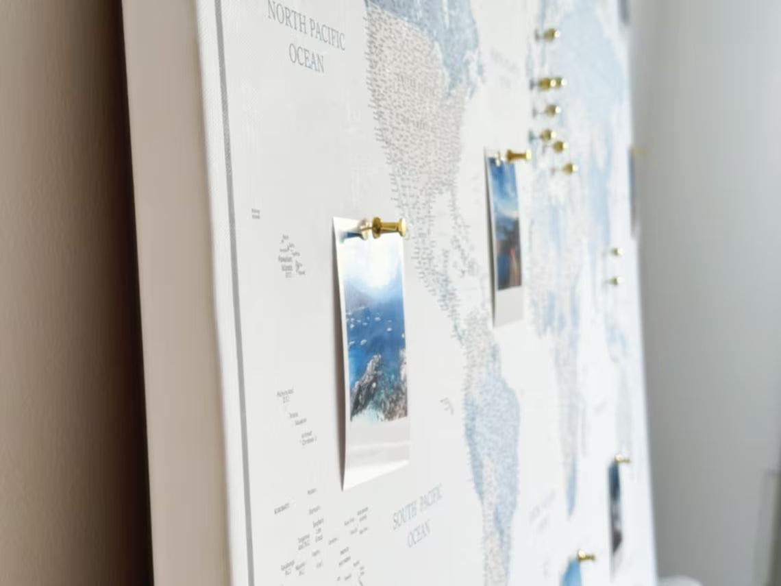 Push Pin World Map Canvas – White, Blue & Gray