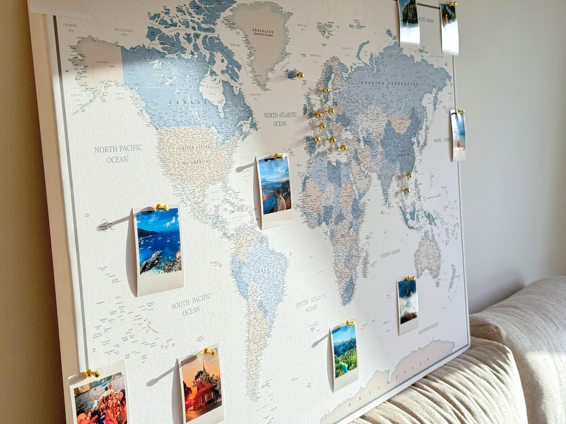 Push Pin World Map Canvas – White, Blue & Gray