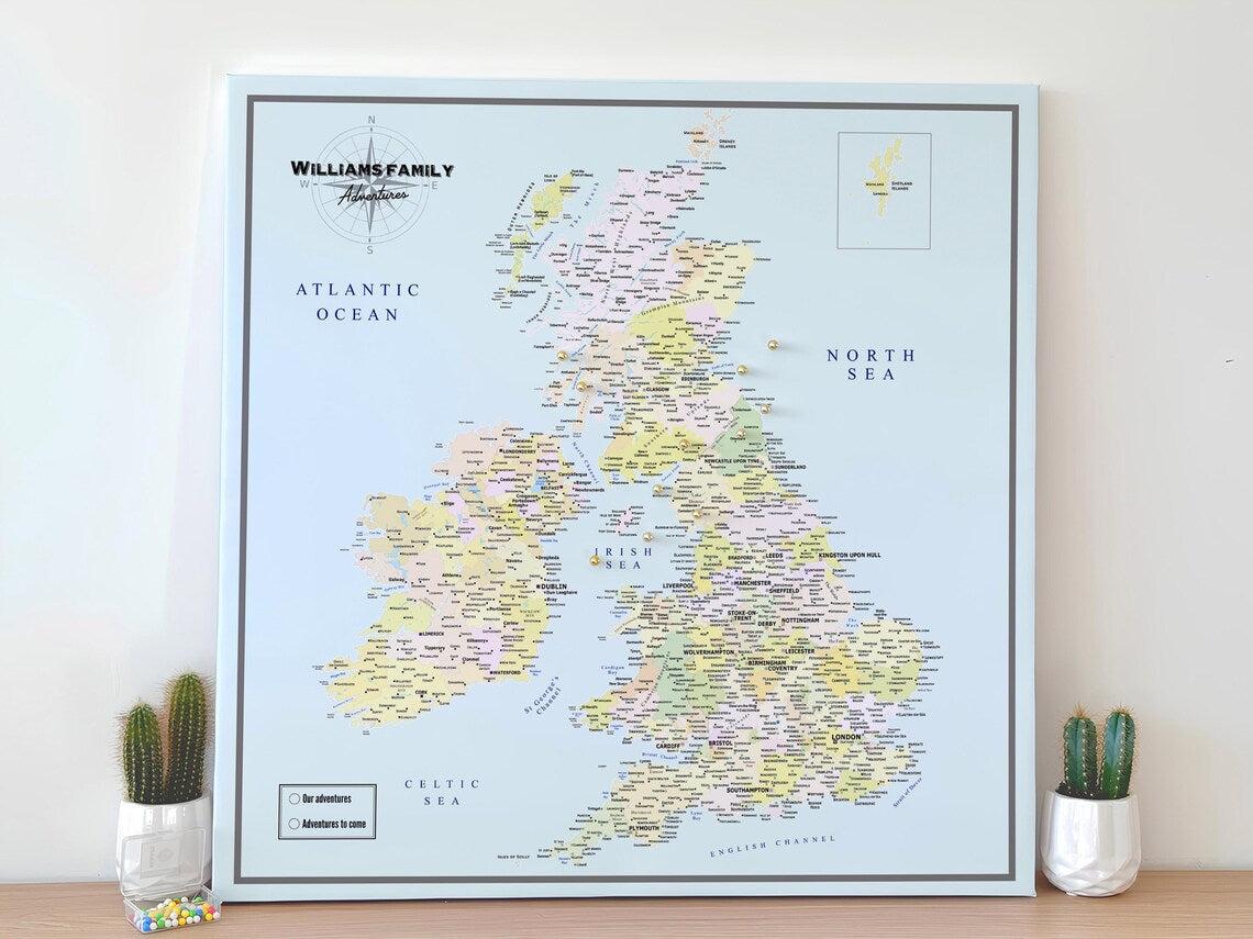 UK & Ireland Push Pin Map – Blue & Multicolor