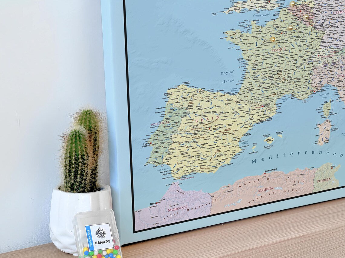 Push Pin Europe Map – Sky Blue & Multicolor