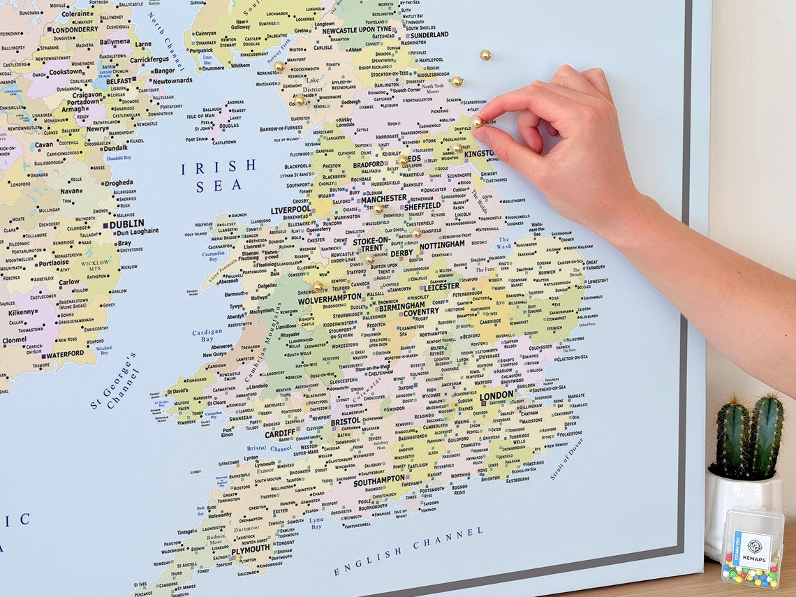 UK & Ireland Push Pin Map – Blue & Multicolor