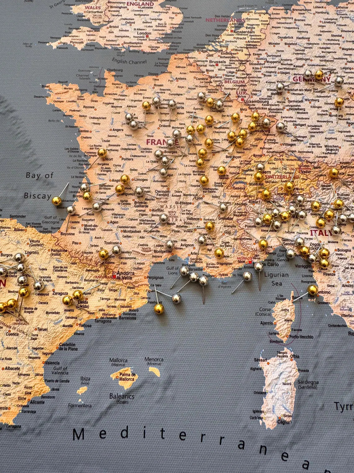 Push Pin Europe Map – Grey, Brown & Orange