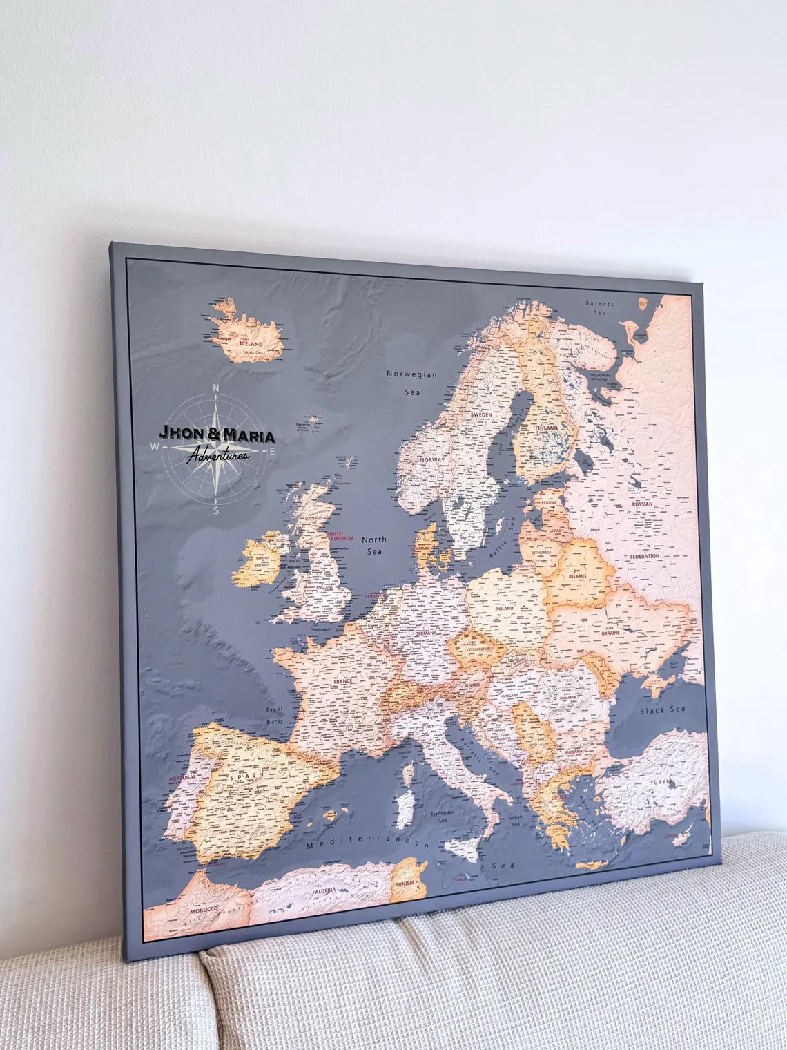Push Pin Europe Map – Grey, Brown & Orange