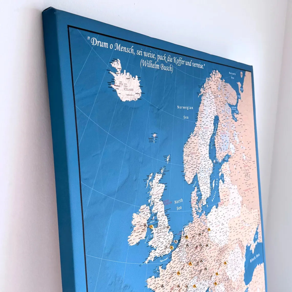 Push Pin Europe Map – Blue, Beige & White