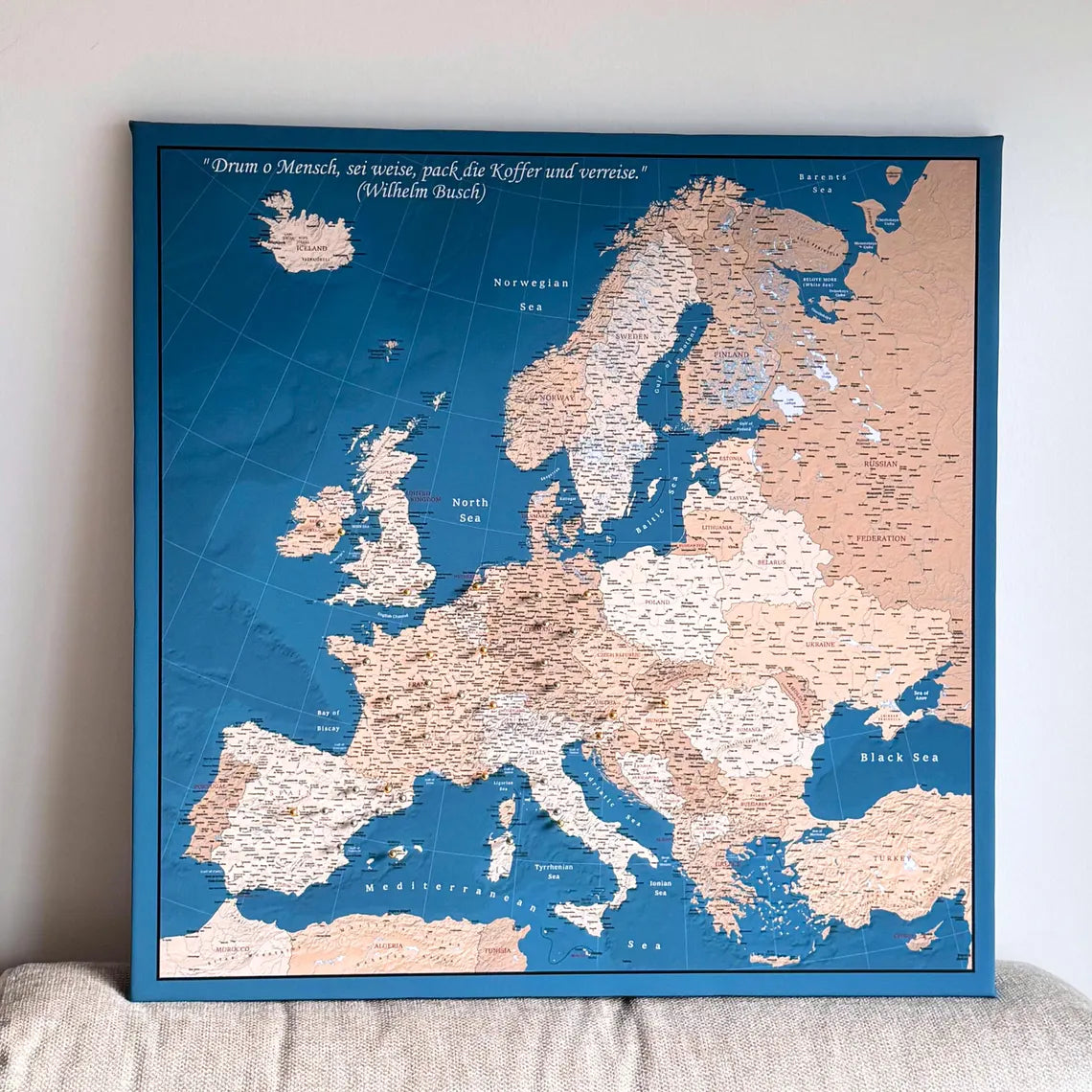 Push Pin Europe Map – Blue, Beige & White