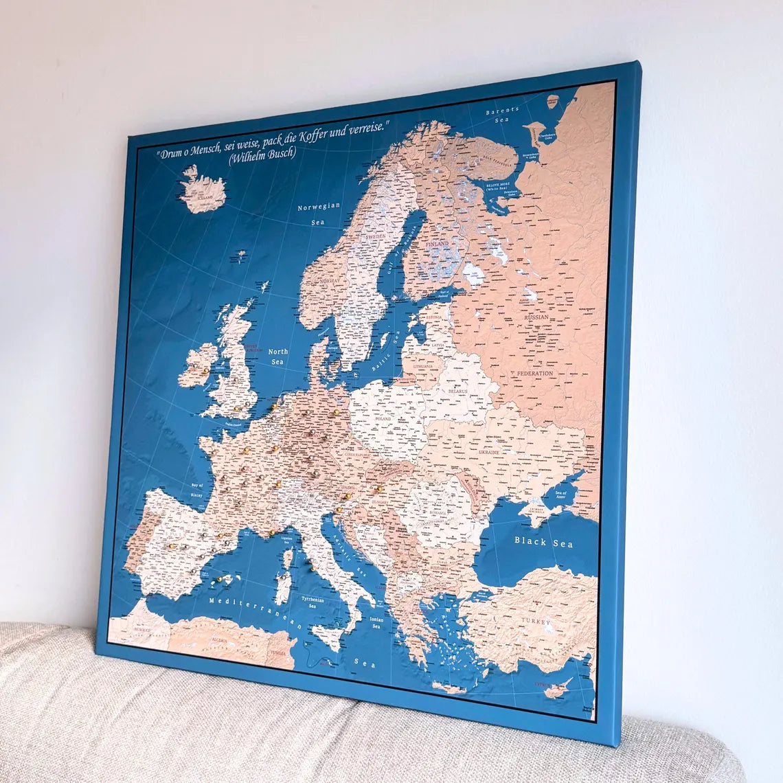 Push Pin Europe Map – Blue, Beige & White