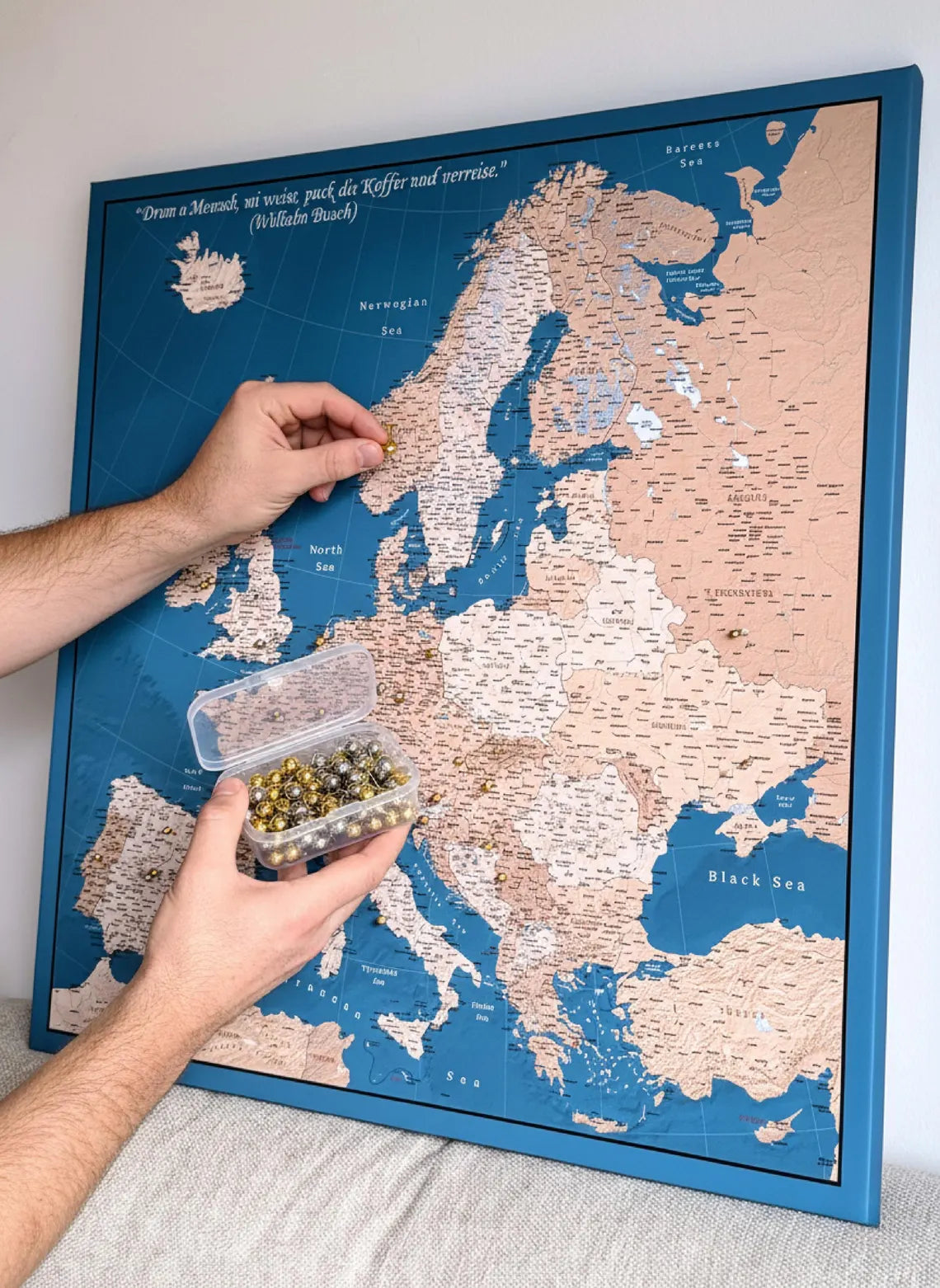 Push Pin Europe Map – Blue, Beige & White
