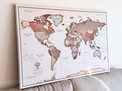 Push Pin World Map Canvas – Brown & Beige