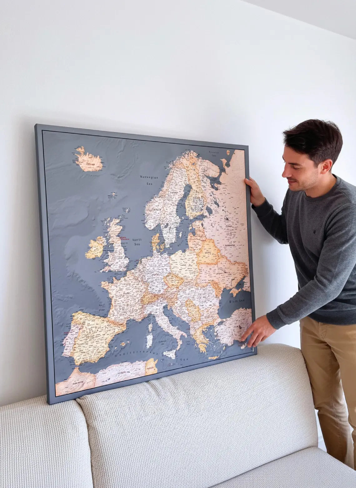 Push Pin Europe Map – Grey, Brown & Orange