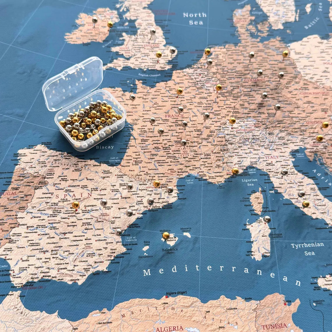 Push Pin Europe Map – Blue, Beige & White