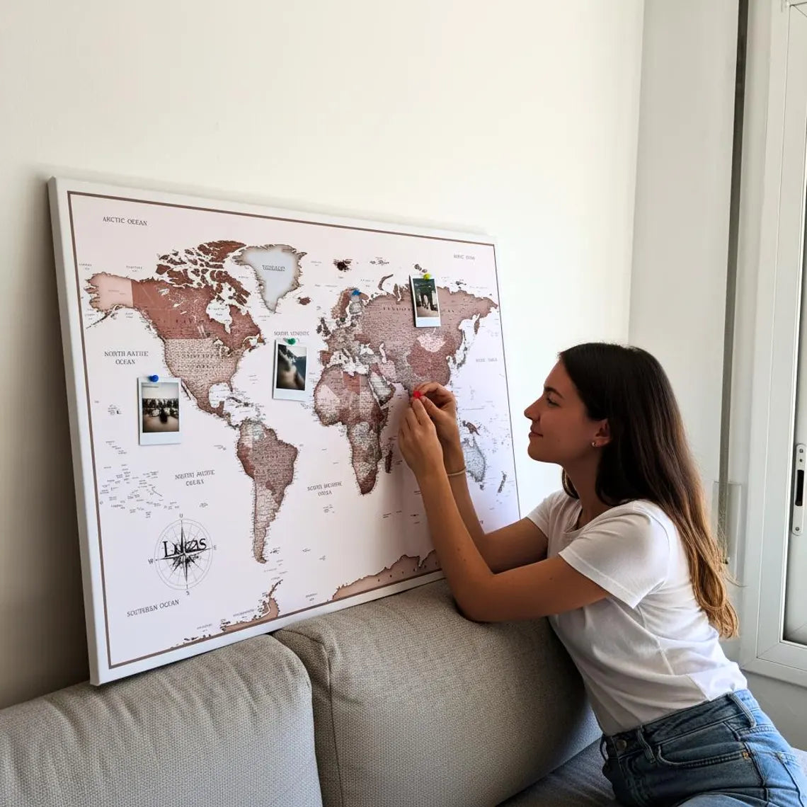 Push Pin World Map Canvas – Brown & Beige