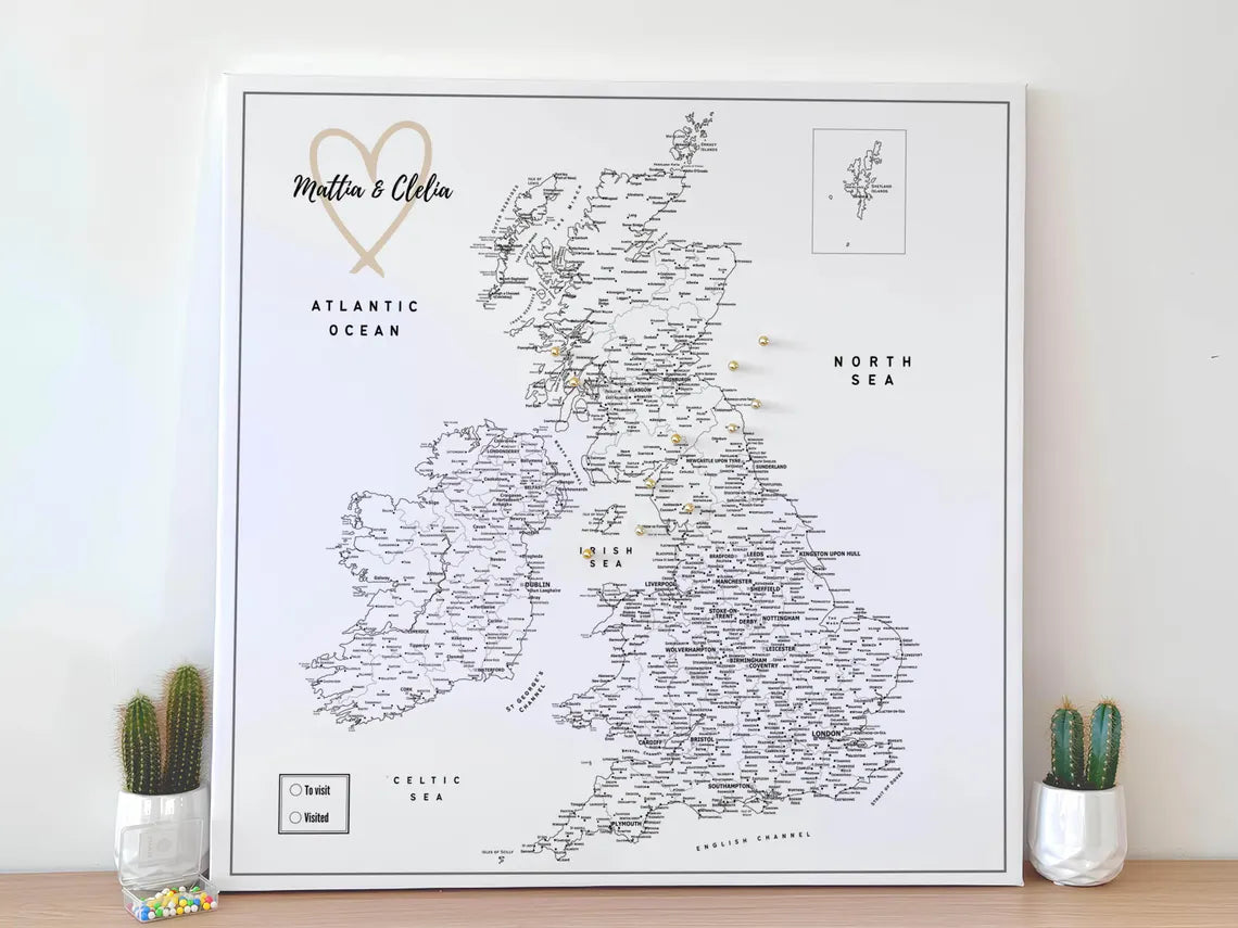 UK & Ireland Push Pin Map – Minimalist Black & White