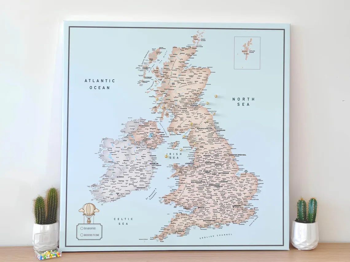 UK & Ireland Push Pin Map – Blue & Beige